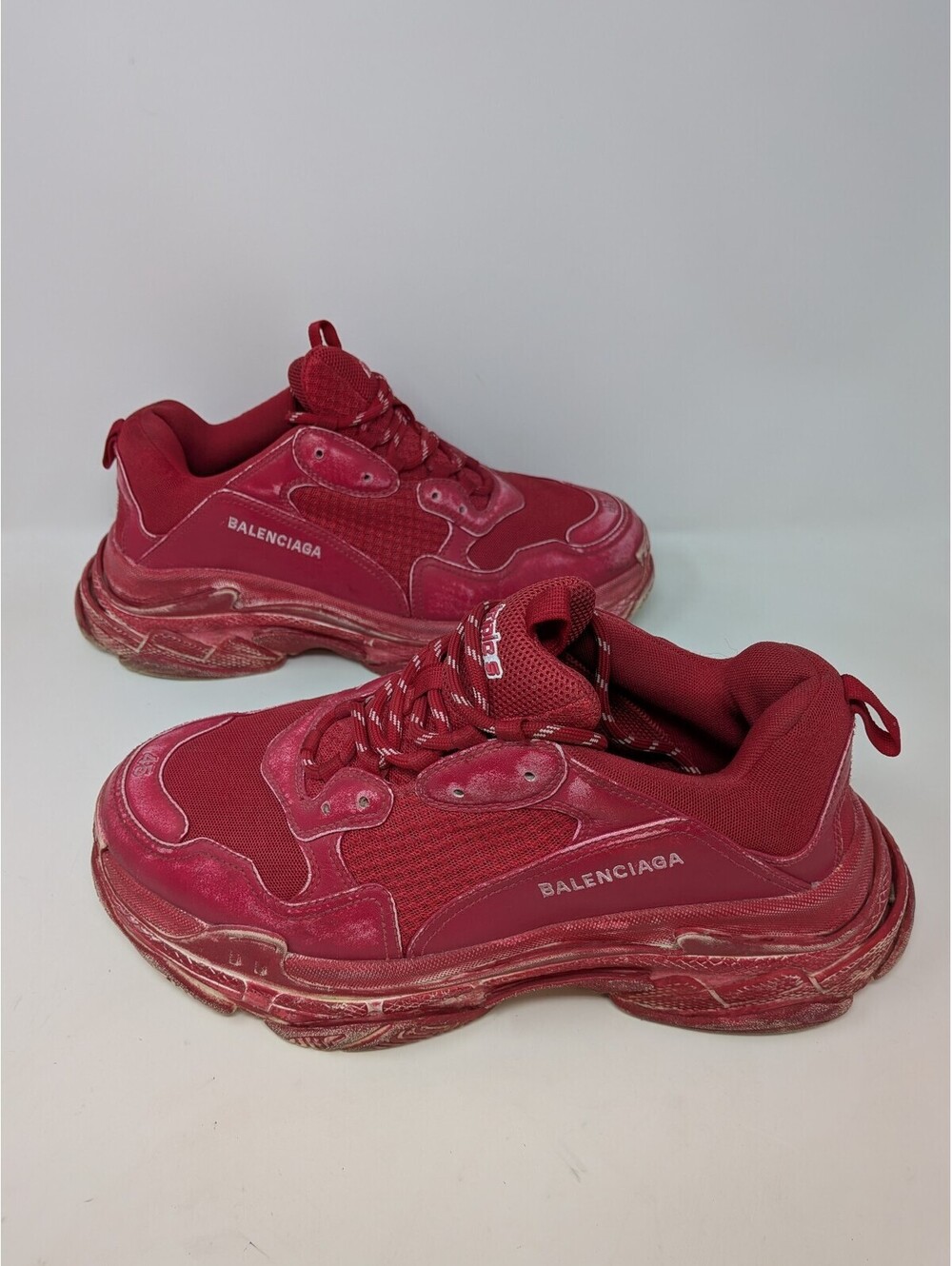 Balenciaga Triple S Distressed Red Leather-Free Sneakers Mens US 12 EU 45 536737